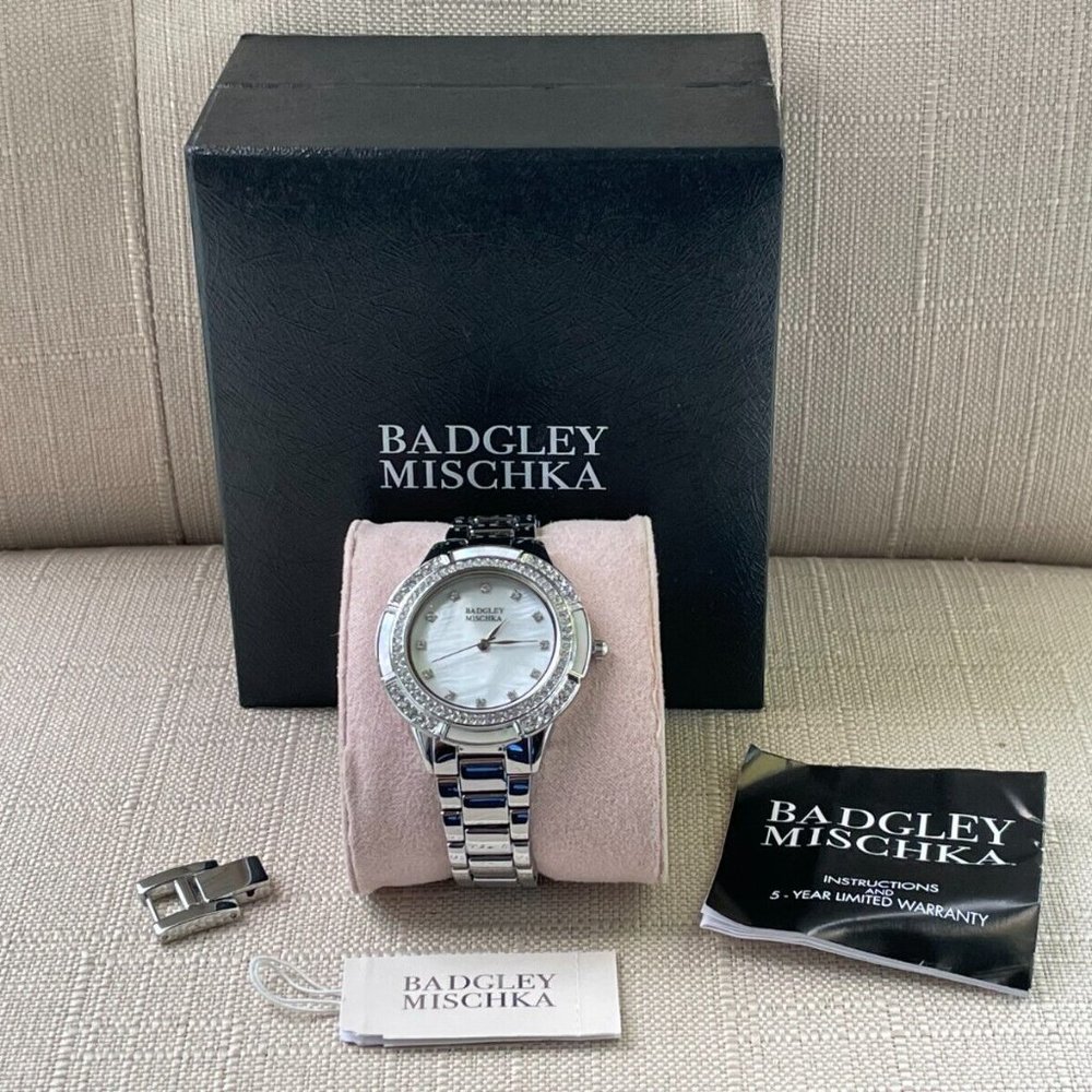 Badgley Mischka Ladies Watch Silver Tone Crystals Accent Analog Quartz Watch Box - Picture 2 of 12